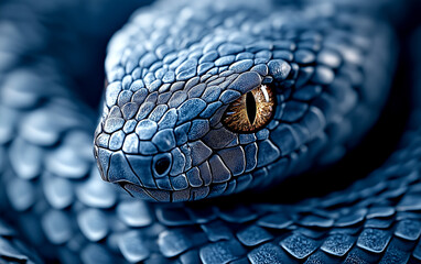 A blue snake with a yellow eye is shown in the image
