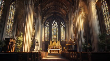 Obraz premium Sunlit Gothic church interior