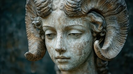 ancient goddess statue of a woman with ram horns isolated on a dark background