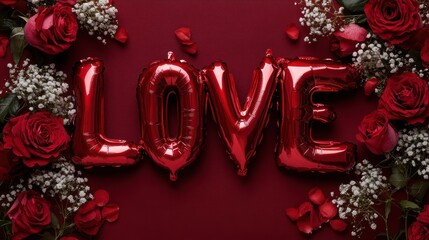 Red Balloons Spelling Love Surrounded by Roses and Baby's Breath