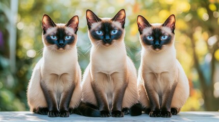 A family of four Siamese cats with striking blue eyes sits together against a dark,