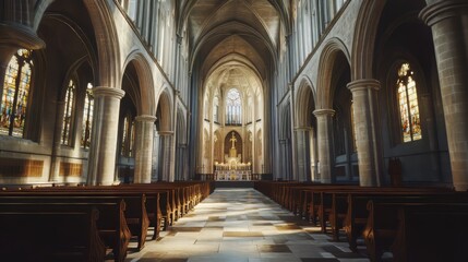 Fototapeta premium Grand cathedral interior, sunlight streams in