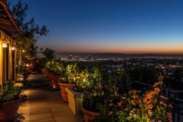 Obraz premium Serene Sunset Cityscape from a Rooftop Garden