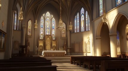 Fototapeta premium Sunlit church interior with stained glass