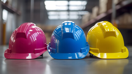 A collection of multicolored safety helmets symbolizes teamwork among construction workers, emphasizing the importance of wearing safety gear on the job.