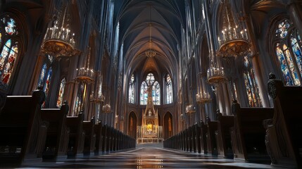 Obraz premium Grandiose church interior, stained glass