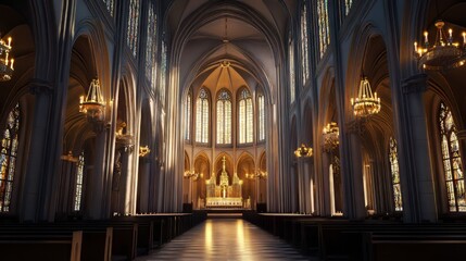 Fototapeta premium Grand church interior, sunlight streams in