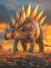 Fototapeta premium Majestic Dinosaur at Sunrise in a Grassland Setting with Vibrant Colors and Details