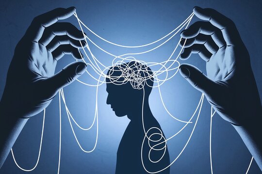 Artistic depiction of psychological manipulation, with hands controlling tangled strings in a human silhouette's mind.