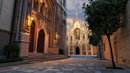 Obraz premium Gothic architecture at sunset.