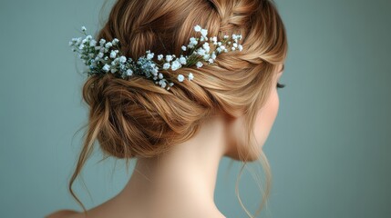Naklejka premium back view of a young lady with a lovely hair clip against a grey backgroun