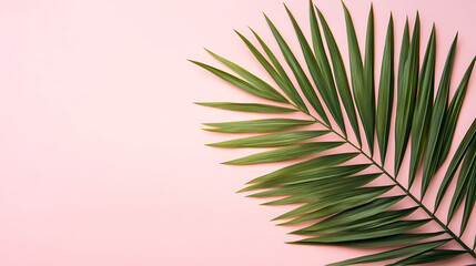 Obraz premium A tropical palm leaf against a pink background, captured from a flat lay top view.