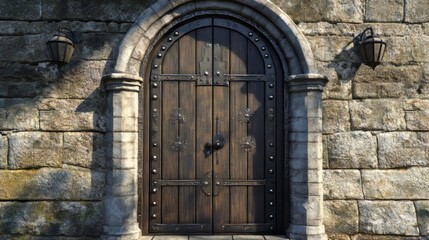 Fototapeta premium Ancient wooden door in stone archway