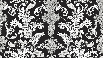 The image features a black and white, ornate floral pattern with intricate, swirling designs that resemble baroque or rococo style elements