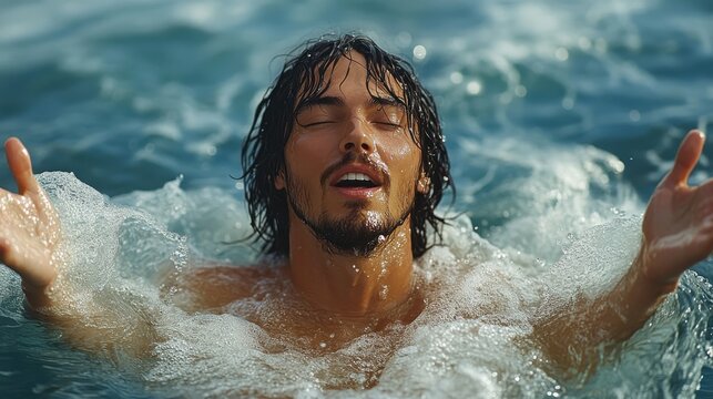 baptism jesus in white standing in the water with his arms open blessing