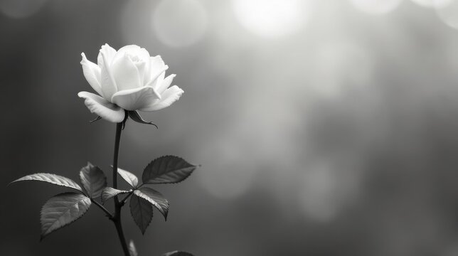 A single white rose in monochrome, elegantly poised against a softly blurred background, a study in contrasts of light and shadow, capturing the delicate beauty of nature's artistry