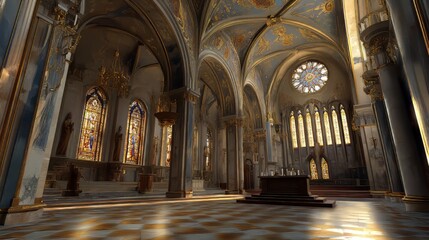Fototapeta premium Grand church interior with stained glass