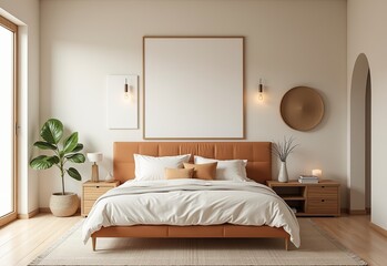 ミニマリストで整理されたファッションリビング、デザインの傑作をフィーチャー、バランスと対称性を中性色で表現、カラメル色のアクセント