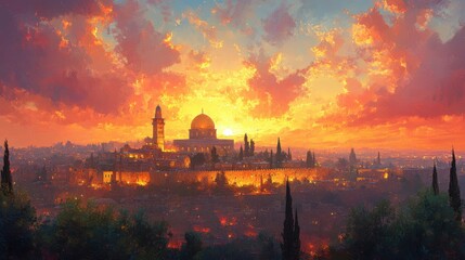 Fototapeta premium biblical jerusalem digital painting of the old city at sunset