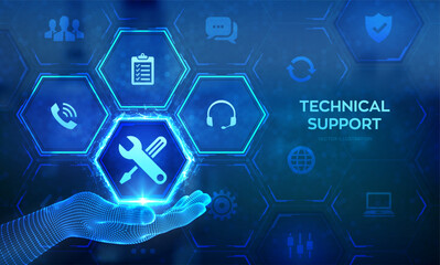 Technical support. Customer help. Tech support icon in wireframe hand. Customer service, Business and technology concept. 24 hours servises. 24-7 support. Vector illustration.