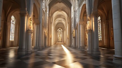 Fototapeta premium Sunlit cathedral aisle, serene beauty