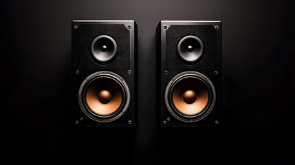 Fototapeta premium Two sound speakers with free space between them, set against a black background.