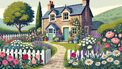 A charming cottage garden in front of a rustic stone house, filled with colorful blooms like roses, lavender, and daisies, a winding brick path leading to the front door.