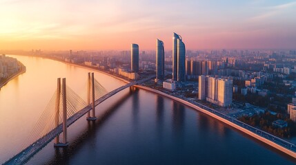 Naklejka premium Sunrise cityscape bridge aerial view river.