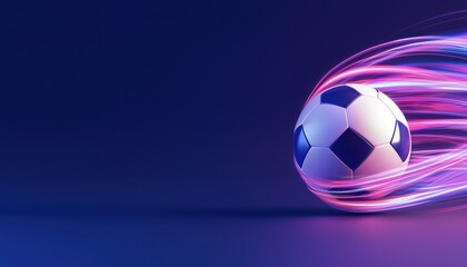 Fototapeta premium A dynamic soccer ball in motion, surrounded by vibrant streaks of color, set against a deep blue background.