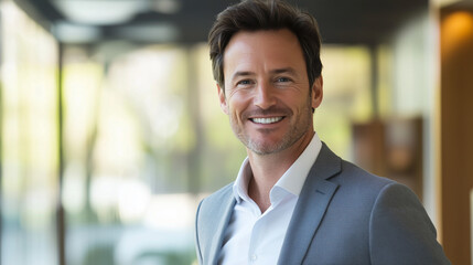 Fototapeta premium Professional portrait of a confident CEO smiling in business attire with a modern office background