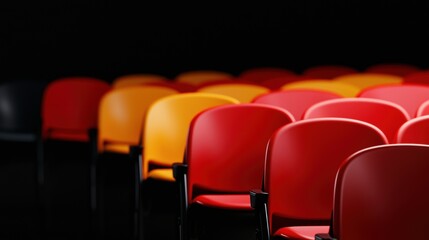 Obraz premium A row of colorful chairs in red, orange, and yellow contrasts against a dark background, creating a vibrant and inviting atmosphere.