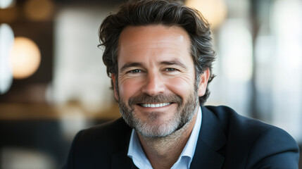 Fototapeta premium Professional portrait of a confident CEO smiling in business attire with a modern office background