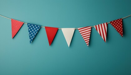 Fototapeta premium Colorful decorative bunting featuring red, white, and blue patterns, perfect for festive celebrations or patriotic events.