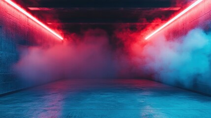 A dimly lit corridor features vibrant red and blue neon lights cutting through a foggy atmosphere, creating a futuristic and moody ambiance.