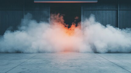 A dramatic scene featuring smoke billowing from an opening, illuminated by a warm glow, set against a dark industrial background.