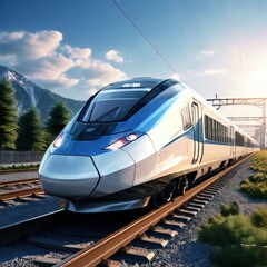 Fototapeta premium the AI Image Generator, Speed Modern Train Gliding on Tracks
