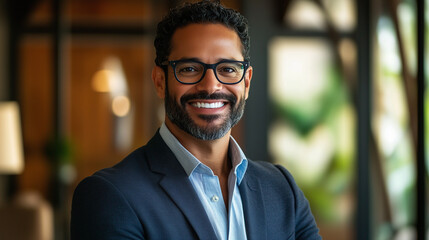 Fototapeta premium Professional portrait of a confident CEO smiling in business attire with a modern office background