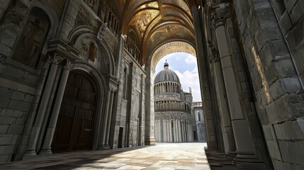 Cathedral courtyard view through arch