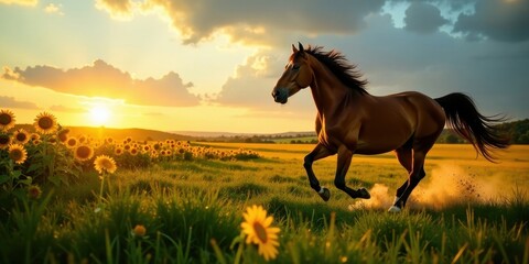 Obraz premium Majestic Chestnut Horse Galloping Through a Sunlit Meadow of Blooming Sunflowers at Sunset