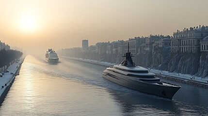 Luxury yachts cruise snowy canal, city sunrise.
