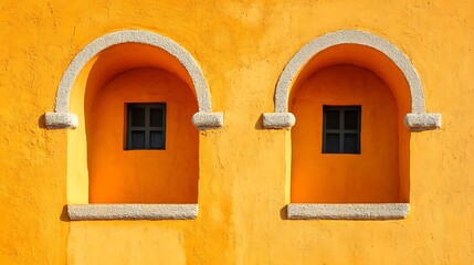 Two arched windows in a bright yellow wall