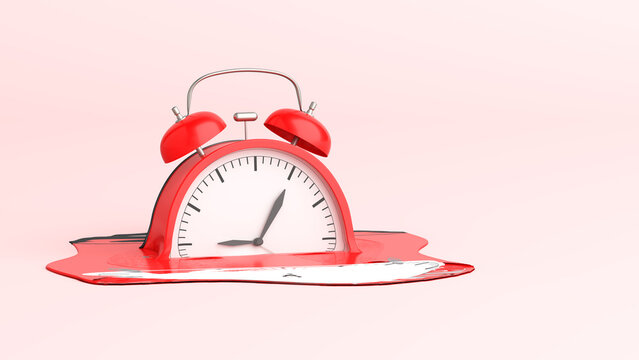 red alarm clock melting. night morning day alert sleep. Start the day overtime work sleepless wake up late of tiredness and fresh sleep until appointment. copy space. clipping path. 3D Illustration.
