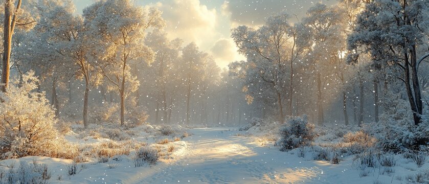 Snowy forest path, winter sunrise. Peaceful background for winter scenes