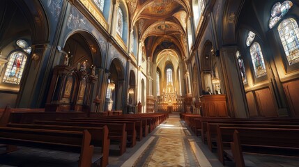Fototapeta premium Tranquil church interior, sunlight streams in.