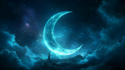 Fototapeta premium Glowing Crescent Moon over a Mystical Landscape at Night