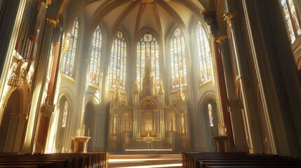 Fototapeta premium Sunlit cathedral interior, serene and grand.