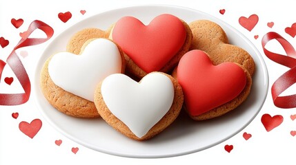 Heart Shaped Cookies on Plate with Soft Icing and Red Accents for Celebrations