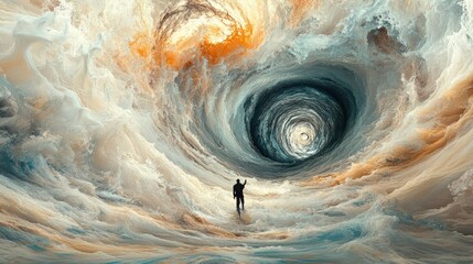 An aerial view of a swirling blue vortex in icy waters,