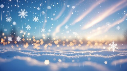 White snow background with blurred bokeh lights and sparkling stars, winter sunlight Background.