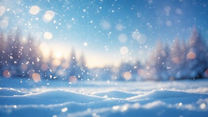 White snow background with blurred bokeh lights and sparkling stars, winter sunlight Background.